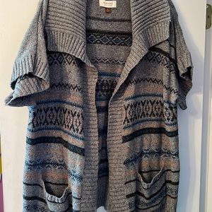 3/$25  Sweater cardigan, with front pockets ,deep gray and teal ,very warm SZ XL